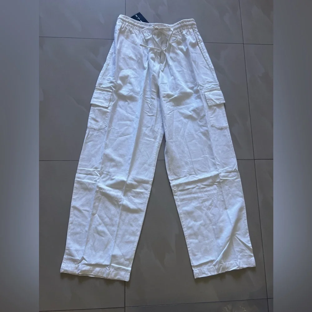 Cargo pants sample Nancy-R women cargo pants white elastic waist tie cotton